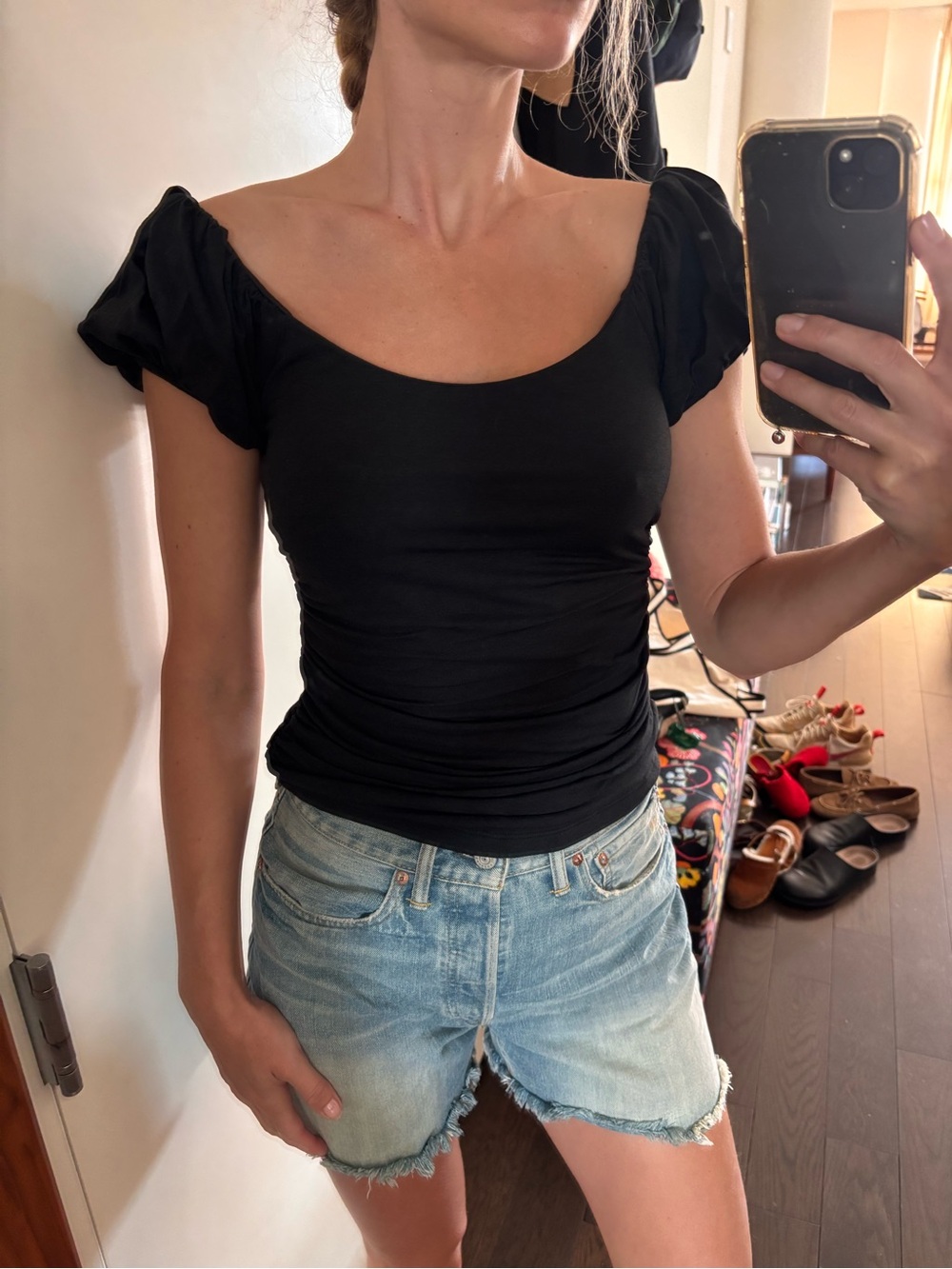 Black Scoop-Neck Puff Sleeve Top for Women